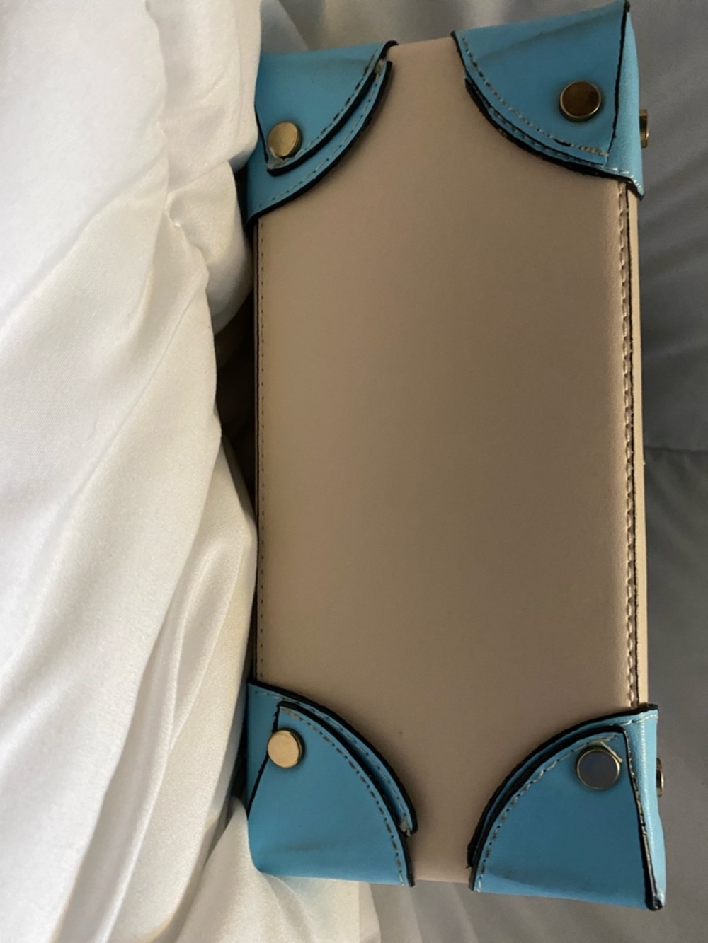Cream and Turquoise Top-Handle Satchel with Patterned Flap - Picture 4 of 13